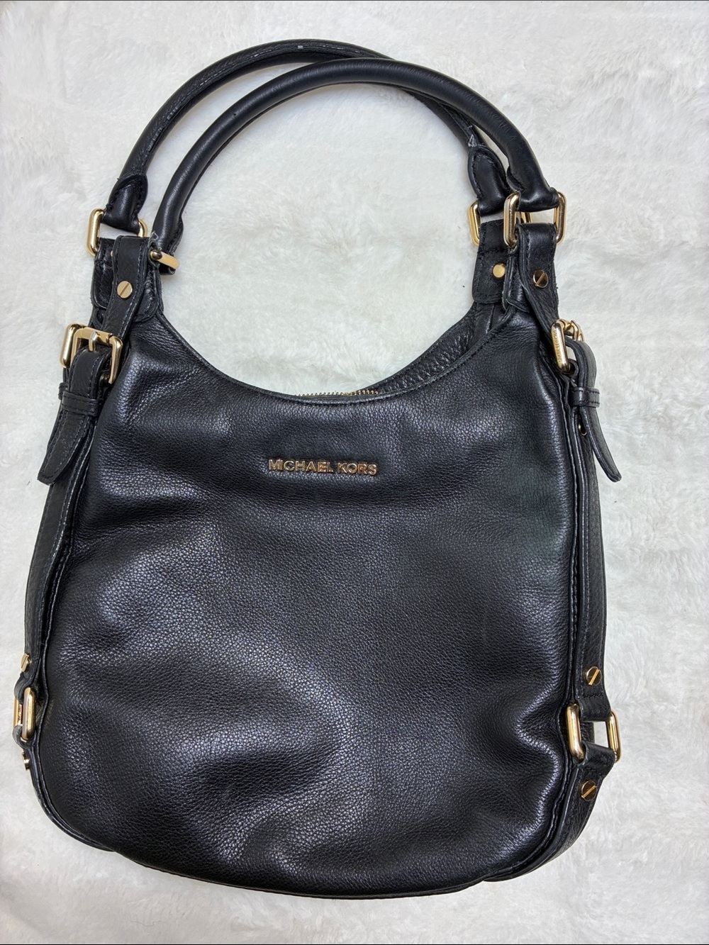 Michael Kors Black Pebbled Leather Shoulder Bag with Gold Hardware
